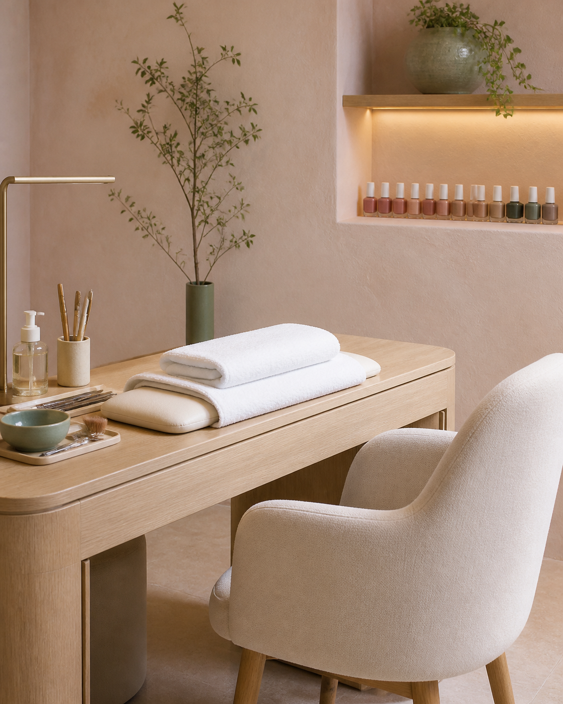 Bright nail studio with a tidy manicure station, clean towels, and neatly arranged polish bottles